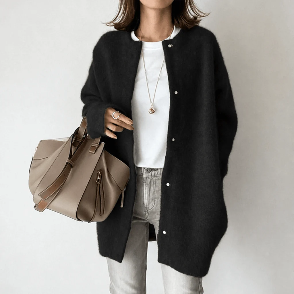 Gilet Long Femme – Col Rond Boutonné