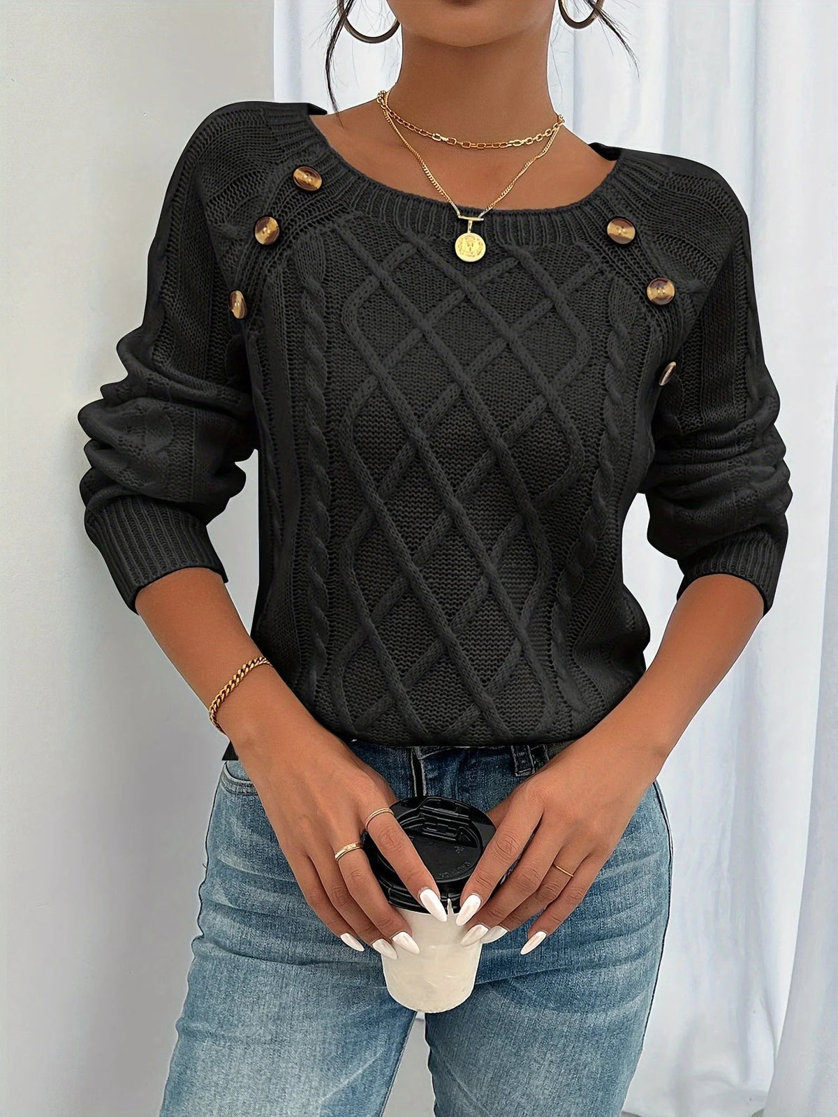 Pull Femme Maille Texturée – Col Carré Boutonné