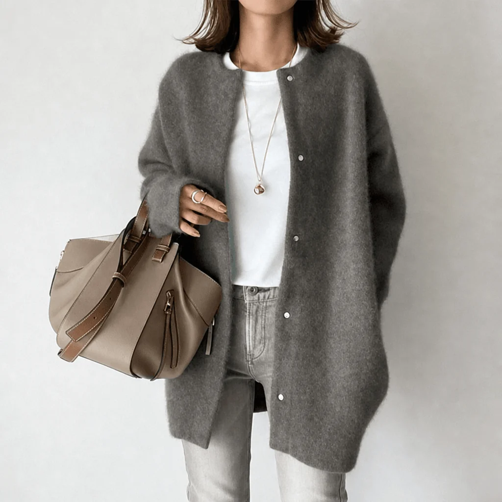 Gilet Long Femme – Col Rond Boutonné