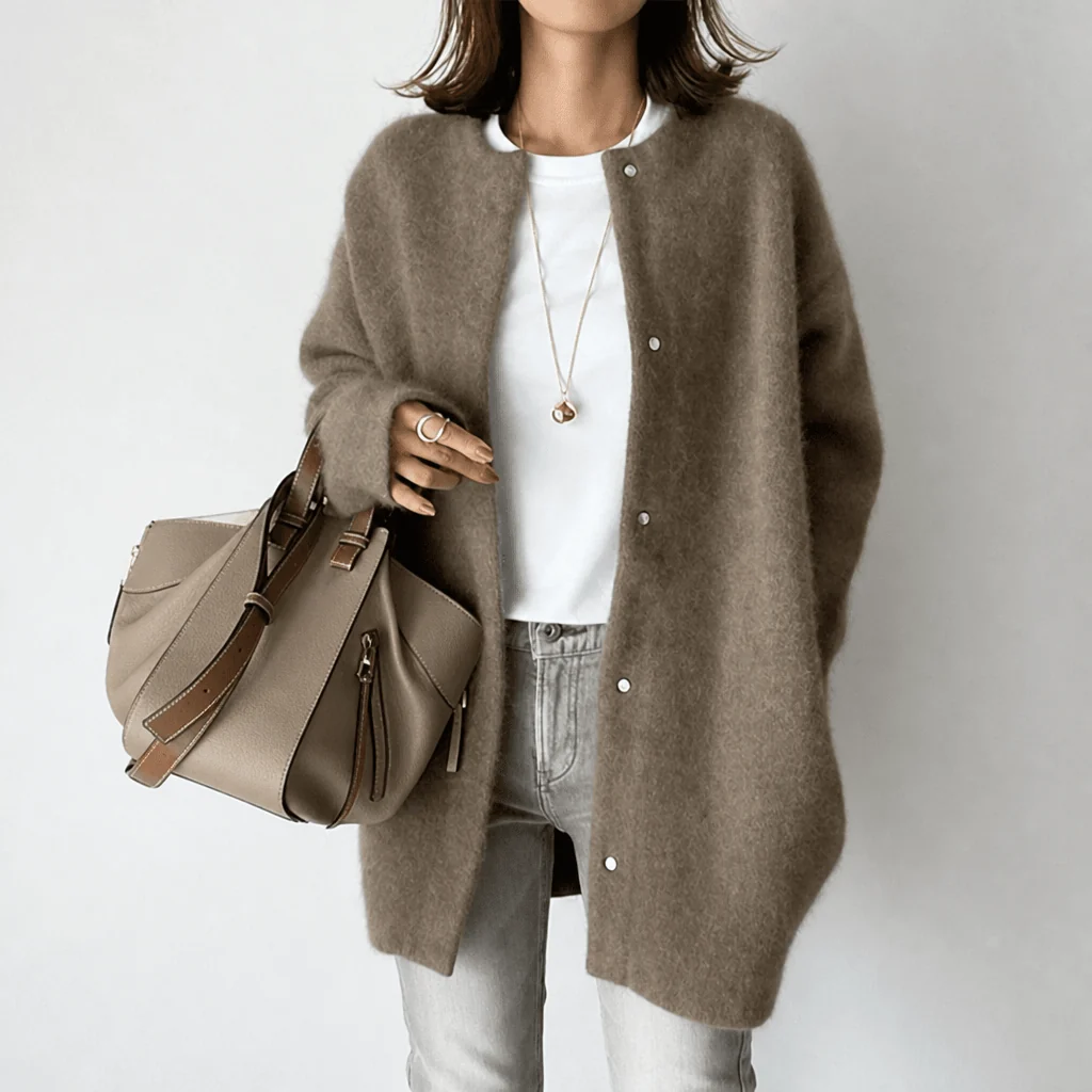 Gilet Long Femme – Col Rond Boutonné