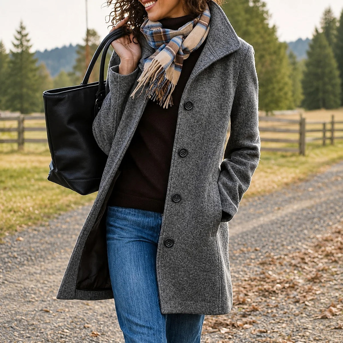 Manteau mi-long femme coupe classique gris foncé