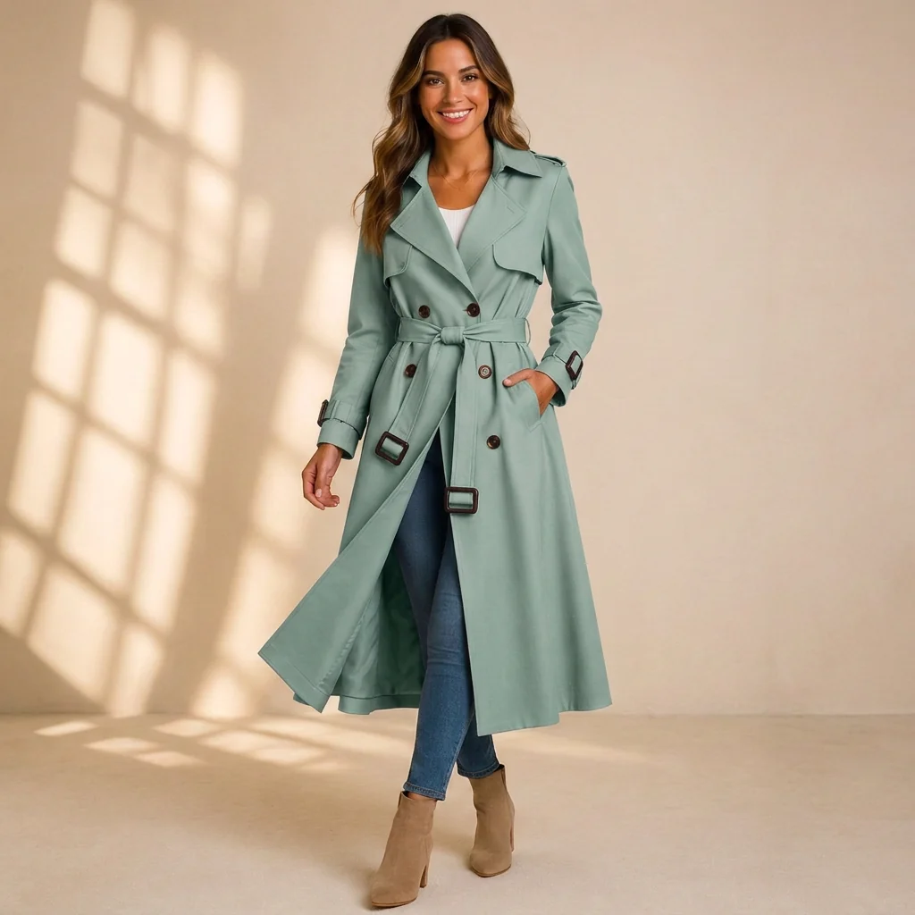 Trench Long Femme Ceinturé – Double Boutonnage