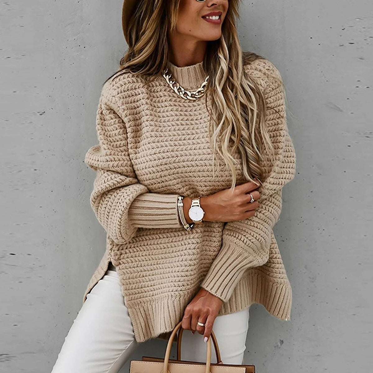 Pull Grosse Maille Femme – Col Montant