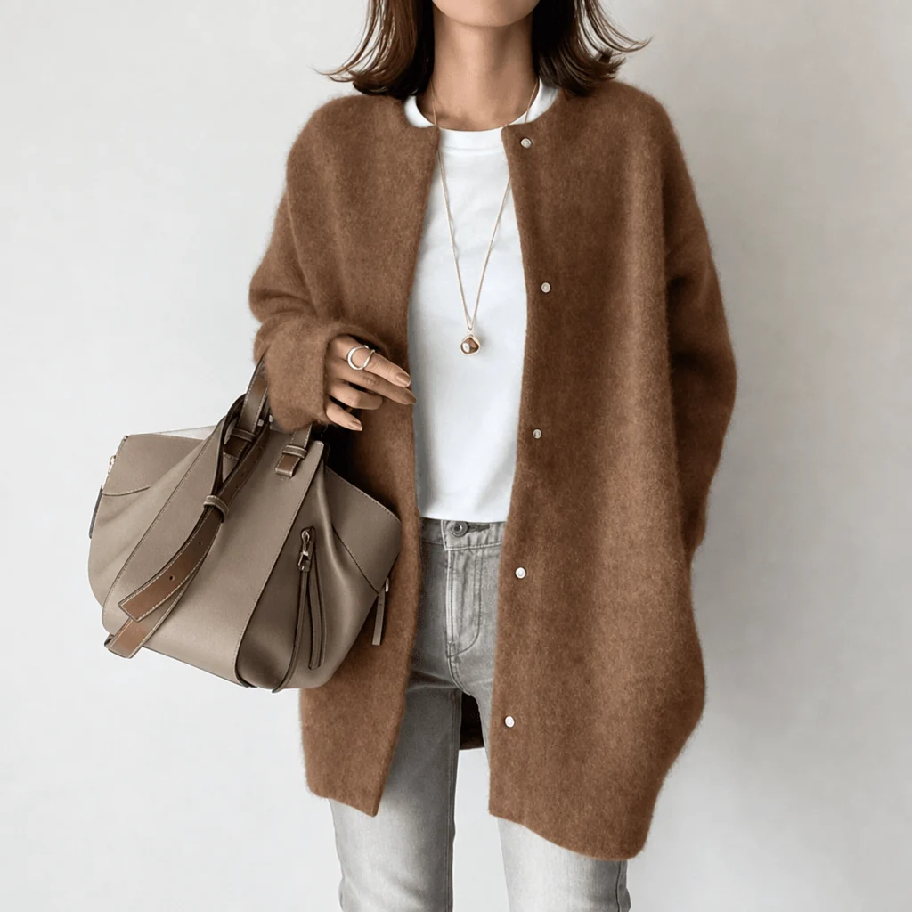 Gilet Long Femme – Col Rond Boutonné