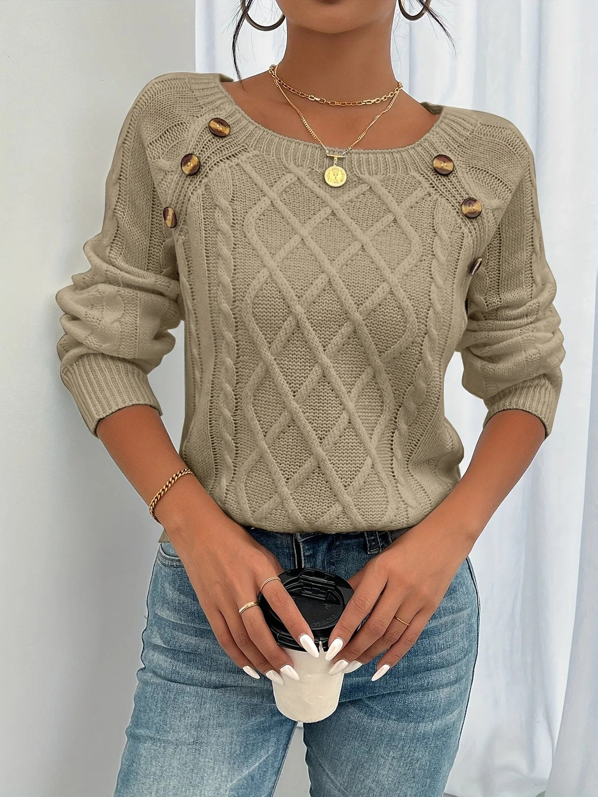 Pull Femme Maille Texturée – Col Carré Boutonné