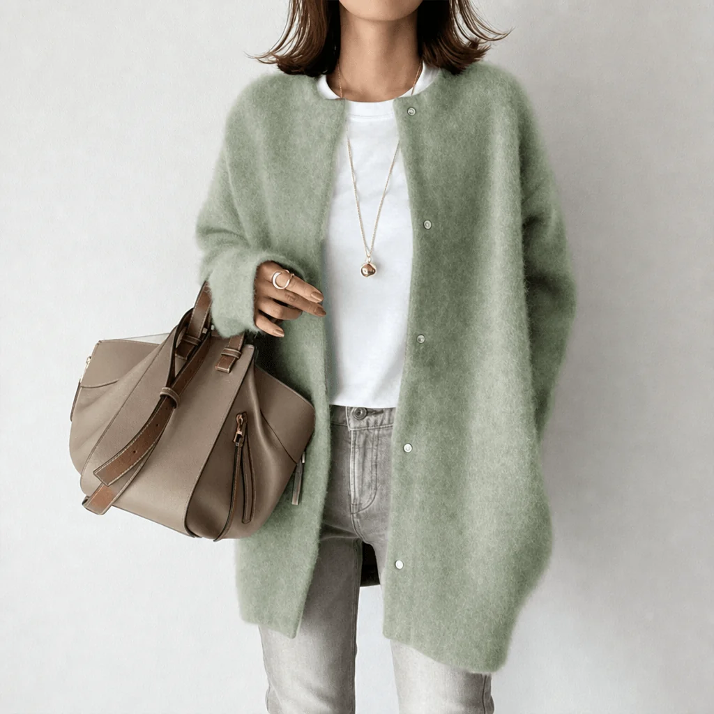 Gilet Long Femme – Col Rond Boutonné