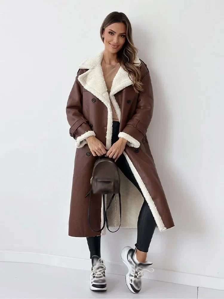 Manteau d'hiver long femme marron boutonné
