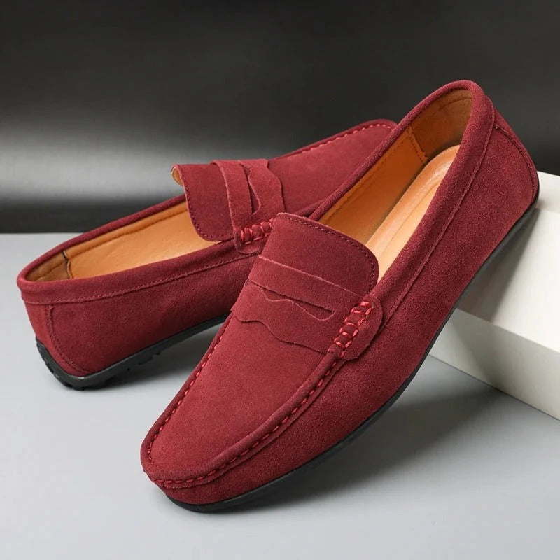 Mocassins homme à enfiler aspect daim bordeaux
