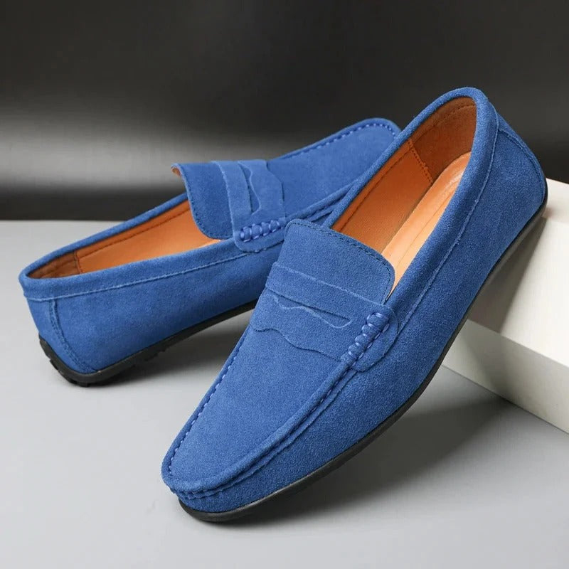 Mocassins homme à enfiler aspect daim bleu