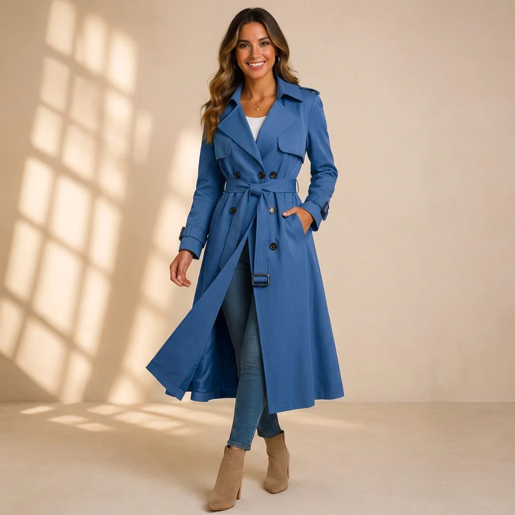 Trench Long Femme Ceinturé – Double Boutonnage